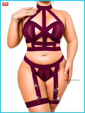 Plus Size Strappy Lingerie 3 Piece Set Halter Backless Thong Garter